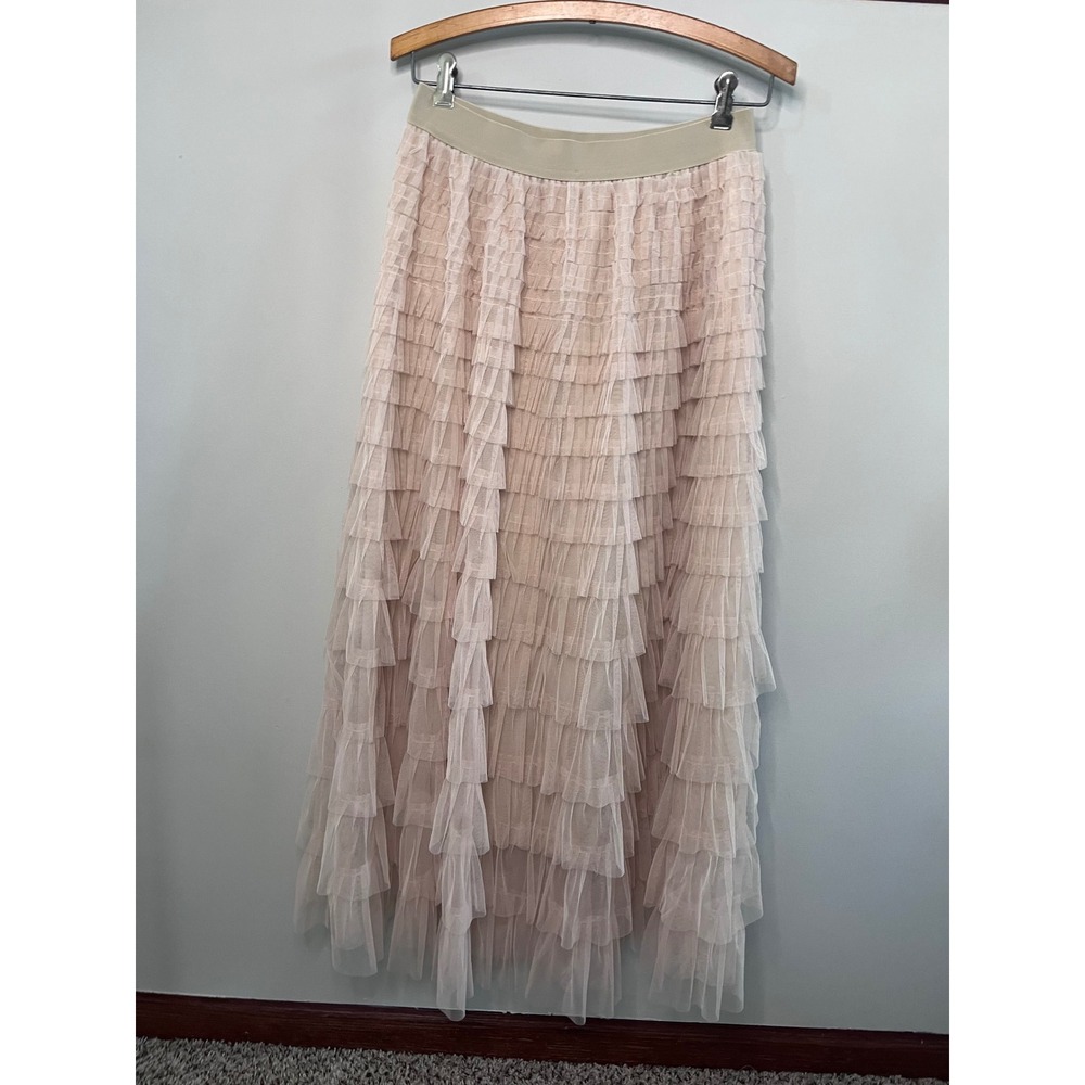 Women Pink Tiered Tulle Maxi Skirt Ruffle Pleated Mesh Elastic Waist Medium